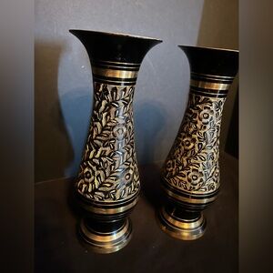 Floral Black and Brass Etched 9 1/2”" Metal Vases-Set of 2